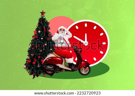 Photo artwork minimal picture of funky funny x-mas grandfather riding moped holding timer isolated drawing background