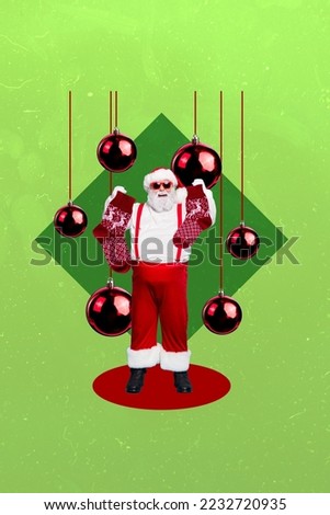 Vertical creative collage montage photo of positive cheerful good mood santa claus puts gifts in socks isolated on green color background
