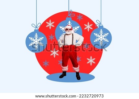 Creative collage photo of kind cool funky optimistic santa claus stand confident hands on waist isolated on white color background