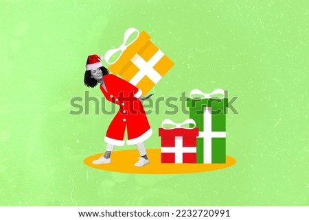 Creative abstract template graphics image of smiling funny lady preparing x-mas gifts isolated drawing background