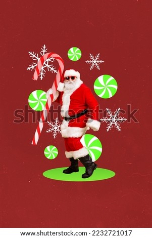 Vertical creative collage photo of optimistic satisfied positive kind santa claus dancing hold sweetmeat isolated on red color background