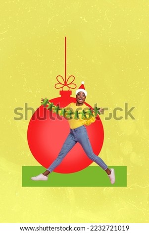 Vertical creative collage photo of crazy funny good mood girl preparing for holiday decorate house isolated on yellow color background