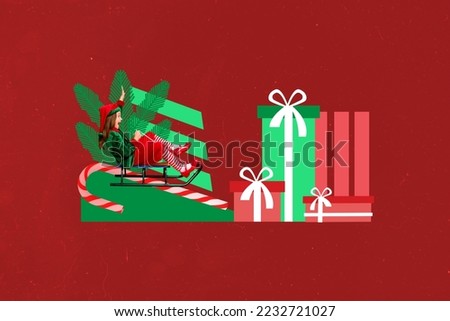 Collage artwork graphics picture of excited funky small kid riding xmas entertainments isolated painting background