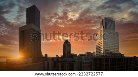 USA, Panoramic Seattle financial district and business center skyline at sunset in city downtown. Royalty-Free Stock Photo #2232722577