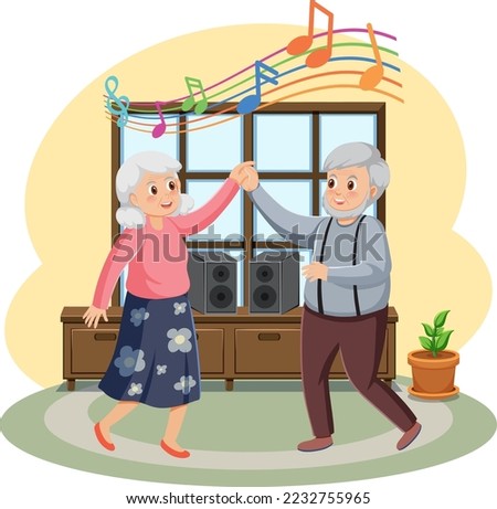 Senior couple dancing at home illustration