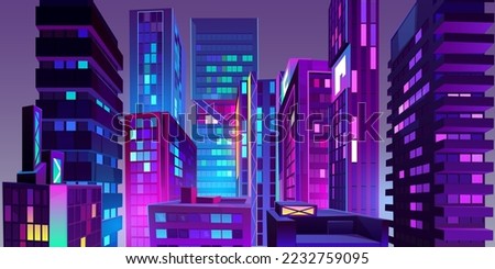 Night city with neon glowing illumination view from roof. Modern futuristic megalopolis architecture buildings. Urban cityscape background with residential constructions, Cartoon vector Illustration Royalty-Free Stock Photo #2232759095