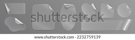 Realistic set of transparent stickers with peel off corners png isolated on background. Vector illustration of rectangular, oval, heart, round, square and abstract shape adhesive labels with flip edge Royalty-Free Stock Photo #2232759139