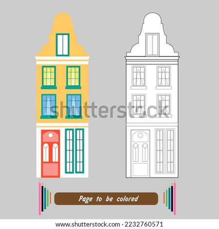 coloring page building with attic, 3 floors. Vector illustration.