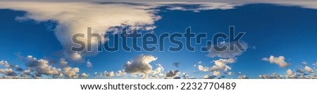 Dark blue sunset sky panorama with Cumulus clouds. Seamless hdr pano in spherical equirectangular format. Complete zenith for 3D visualization, game and sky replacement for aerial drone 360 panoramas. Royalty-Free Stock Photo #2232770489