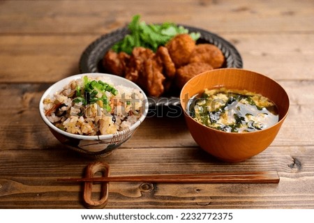 Cooked rice and side dishes