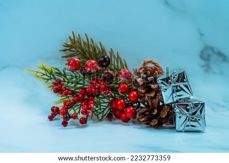 Christmas decorations on a gray background. Christmas background. Merry Christmas greeting card, frame, banner. Space for text. Selective focus.