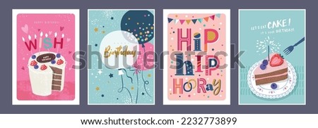 Set of lovely birthday cards design with cakes, balloons and typography design.