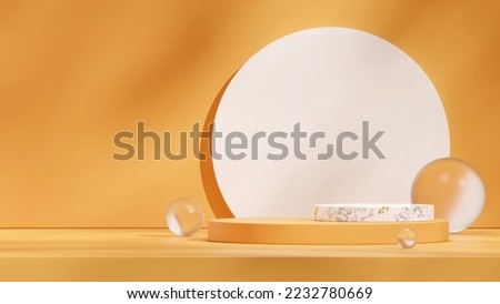 Yellow and marble podium in landscape white circle backdrop 3D render blank mockup