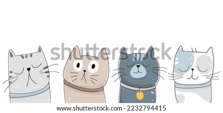 Set of portraits of four cartoon cats. Cute and funny cats doodle vector set. Cat or kitten characters design collection. Set of pet animals isolated on white background.
