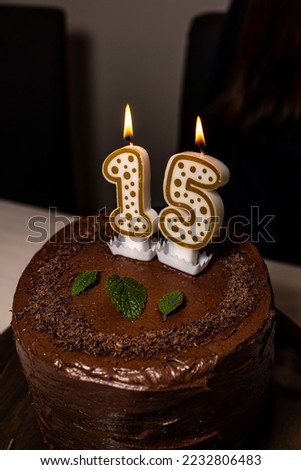 Vegan chocolate Birthday cake with burning candle as a number fifteen. Focus on the candle. Vertical image