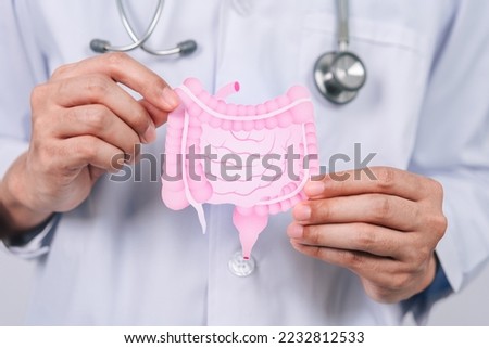 doctor in a white coat hands holding stomach with intestine virtual icon, probiotics food for gut health, colon cancer, bowel inflammatory. Health checkup concept. Royalty-Free Stock Photo #2232812533
