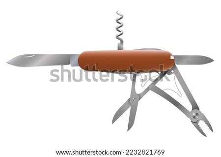 Swiss Army knife or pocket knife isolated realistic vector on white background. This cutting tool is using the large blade for cutting food, slicing paper, carving wood, or gutting a fish. Royalty-Free Stock Photo #2232821769