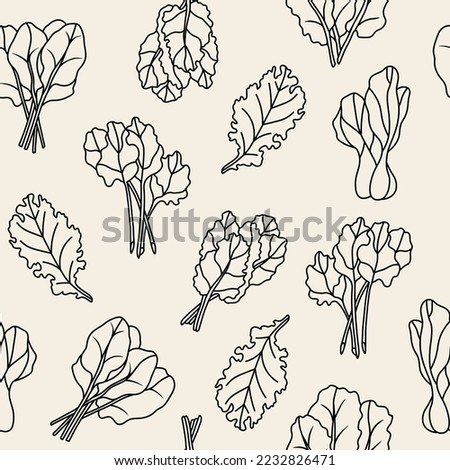 Line art leafy greens seamless pattern. Spinach, kale, collard, Swiss chard, bok choy, rhubarb Royalty-Free Stock Photo #2232826471