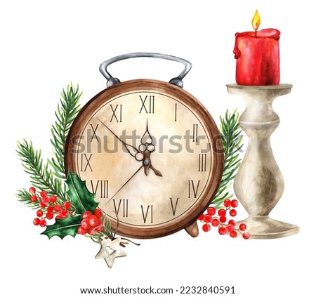 Christmas composition vintage clock and candlestick with burning candle, decorated with fir branches. Design for christmas and new year. Watercolor illustration 