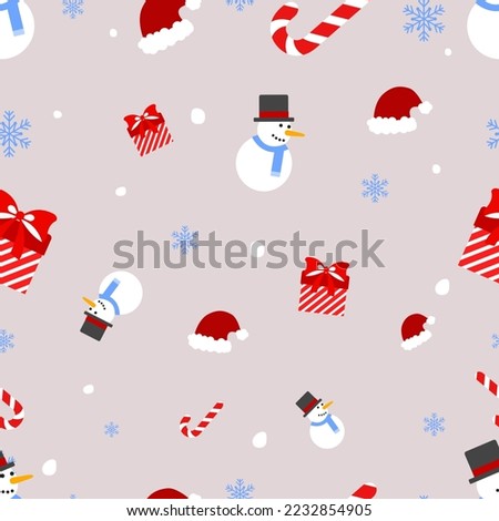 Christmas pattern with red gifts, snowman, snowflakes. Vector illustration with Christmas elements. Gift wrapping. Print. for printing, copy space, candy