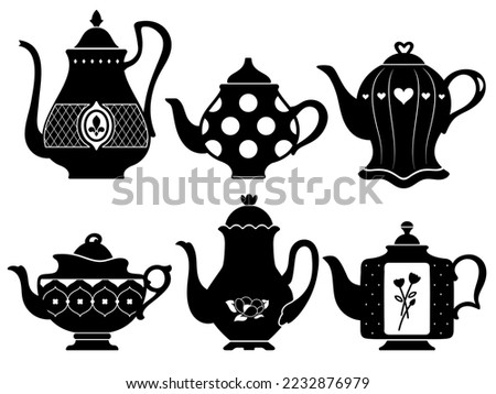 Black silhouettes of vintage teapots for tea and coffee of different shapes with ornaments for the design of showcases, menus, packaging and stickers Royalty-Free Stock Photo #2232876979