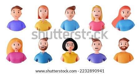 Set of 3d portraits of happy people on a white background. Cartoon characters woman and man, vector illustration. Royalty-Free Stock Photo #2232890941
