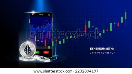 Silver Ethereum (ETH) Cryptocurrency blockchain. Online coin Blue background.  Smartphone Cryptocurrency Trading and playing stocks. Secure mobile banking finance concept. Vector illustration 3D.