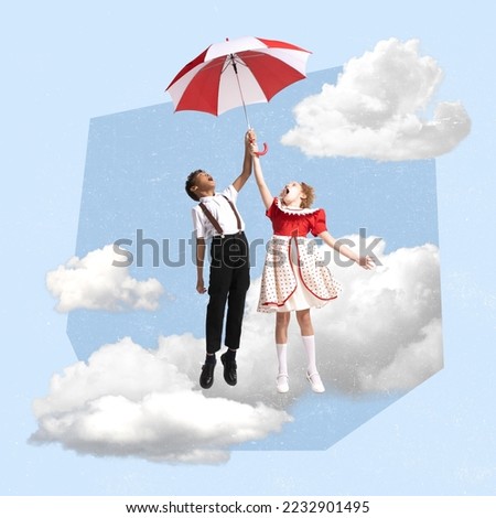 Contemporary art collage. Creative design. Cheerful boy and girl, children playing with umbrella, flying to the sky. Childhood imagination. Concept of dreams, feelings, surrealism, think. Abstract art