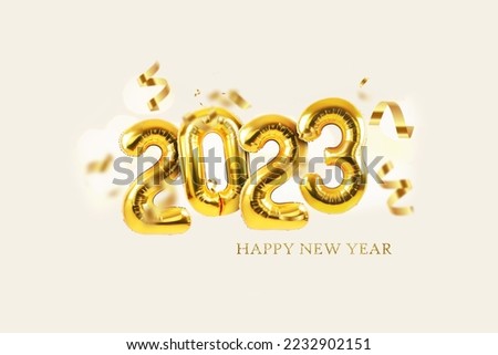 Happy new year 2023 golden balloons with confetti and bokeh on a light background.  Royalty-Free Stock Photo #2232902151