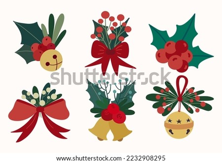 Christmas decor set. Winter bouquets with golden bells, red bows, holly leaves and berries. 
 Royalty-Free Stock Photo #2232908295