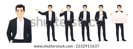 Asian business man in black suit different gestures set isolated vector illustration Royalty-Free Stock Photo #2232911637
