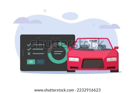 Car diagnostic scanner inspection, vehicle obd performance reader tool review graphic flat illustration, obd2 computer error code tester examination, auto tablet device check up service