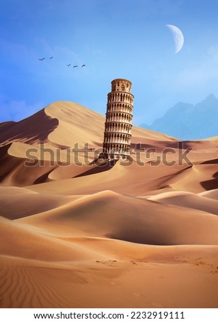 surrealistic minimal desert landscape with  Pisa. Italy and moon. Surreal painting artwork.collection for decoration and interior, canvas art, life. nature.  Royalty-Free Stock Photo #2232919111