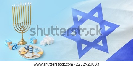 Collage of Israeli flag with menorah and cookies for Hanukkah