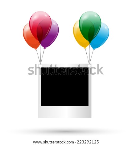 Photoframe flying on multicolor air balls on white background