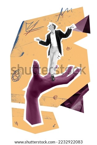 Contemporary art collage. Creative design. Stylish, elegant. young man, ballet dancer performing on giant purple hand. Surrealism. Concept of artwork, creativity, dance, lifestyle and party. Royalty-Free Stock Photo #2232922083