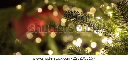 Christmas banner. Xmas tree and lights close up view, copy space. Winter holiday greeting card template