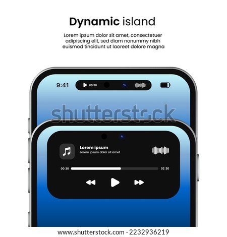 Music player on dynamic island. High quality smartphone vector mockup. Music notification as dynamic island.