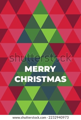 Merry christmas and a happy new year! Christmas poster. Greeting card. Mosaic of triangles, image of a Christmas tree. Combination of red and green shades. Geometric pattern.