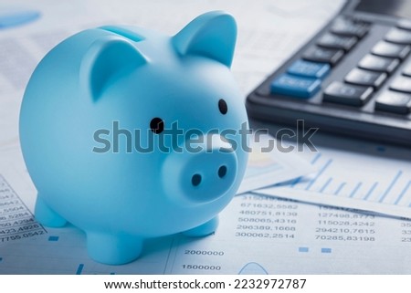 pig money box for money on background with calculator and financial charts. Investment and capital accumulation concept