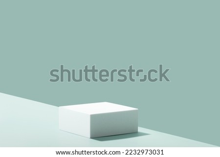Abstract empty white podium on blue background. Mock up stand for product presentation. 3D Render. Minimal concept. Advertising template Royalty-Free Stock Photo #2232973031