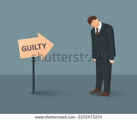 Businessman character in full length suit in a guilty pose near a signpost. Royalty-Free Stock Photo #2232973235