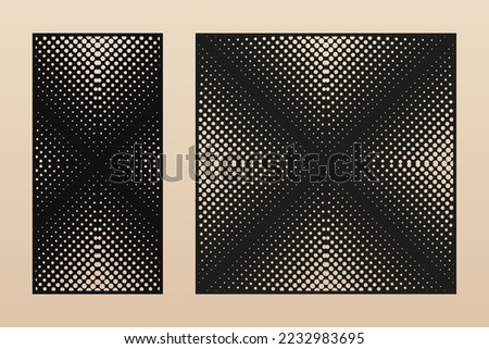 Laser cut panel. Trendy set of abstract geometric patterns with halftone circles, dots, grid, gradient transition. Decorative stencil for laser cutting of wood, metal, paper. Aspect ratio 1:2, 1;1