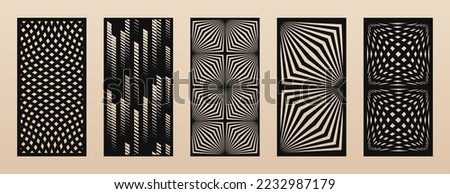 Laser cut patterns. Vector set with abstract geometric ornament, lines, stripes, grid. Optical illusion effect. Decorative stencil for laser cutting of wood, metal, plastic, paper. Aspect ratio 1:2