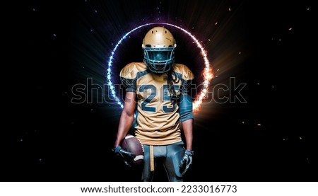 American Football player with neon lights. Game winner. Sports betting. Bets in the mobile application.