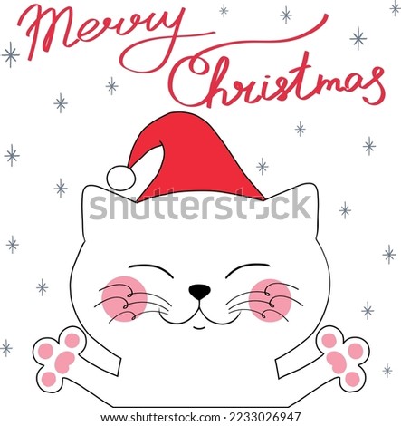 Cute white smiling cat in holiday hat with hand drawn phrase Merry Christmas and snowflakes. Isolated on white