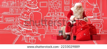 Santa Claus with bag and presents in drawn living room