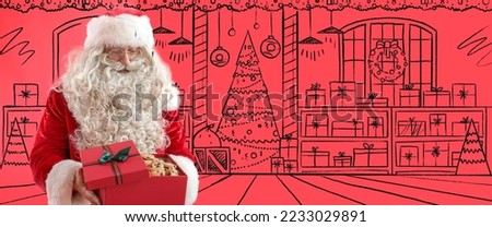 Santa Claus with tasty cookies in drawn living room