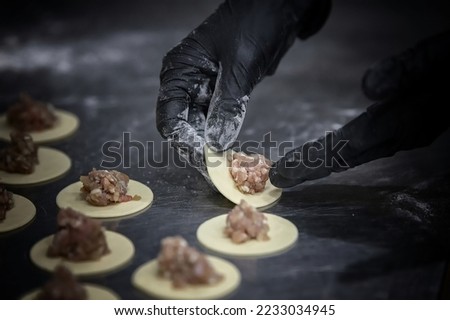 Hands sculpt dumplings close-up, with shallow depth of field