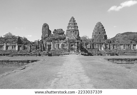 Prasat Hin Phimai, amazing ancient Khmer temple in Nakhon Ratchasima, Thailand in Monochrome Royalty-Free Stock Photo #2233037339